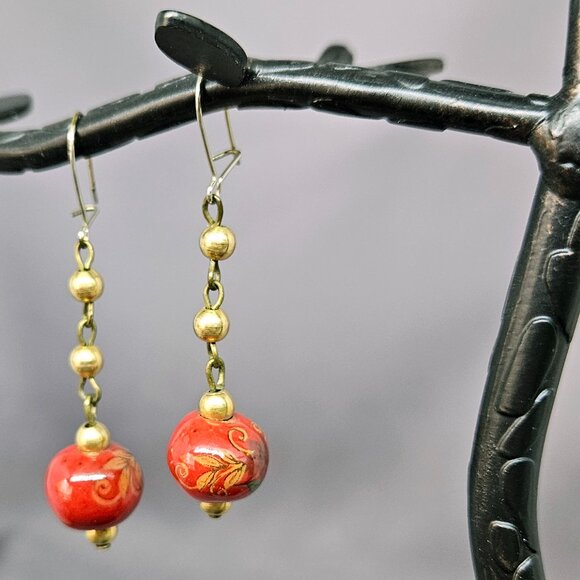 Red Ceramic Beaded Earrings, w/ Flower Design, & gold tone accent beads - 2" - Picture 2 of 7